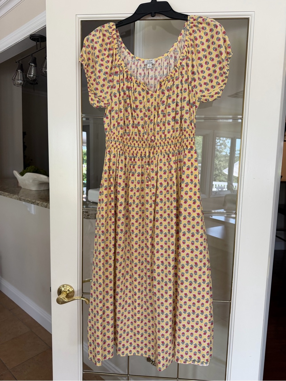 J. Crew Yellow Floral Smocked-Waist Midi Dress